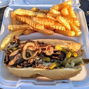 Jalapeno Cheesesteak and fries at HWY55