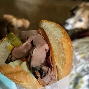 Roast Beef Sando w everything (plus 2 drooling dogs in the background)