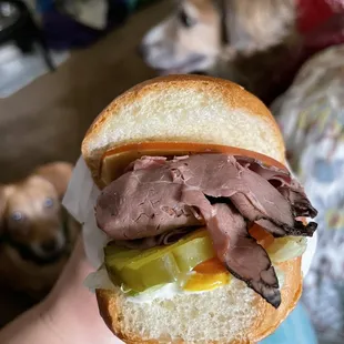 a person holding a sandwich