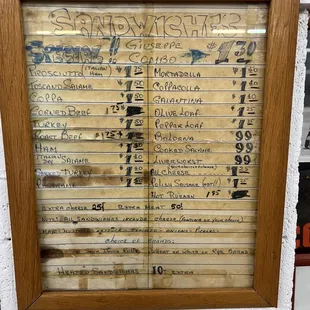 a menu for sandwiches