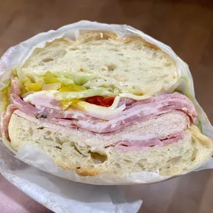 The Italian Sandwich with Capicola, Cotto, Mortadella, Ham, and Provolone on a Ciabatta Hoagie
