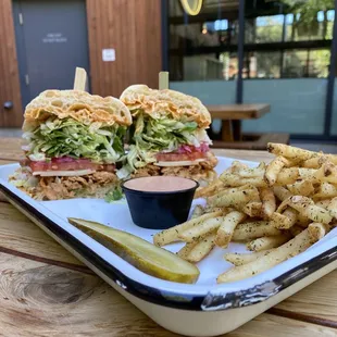 Blackened chicken salad sandwich with no bacon and a side of fries with fry sauce