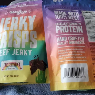 Made with Aloha.  CrIspy beef jerky teriyaki flavor