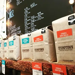 a variety of bags of coffee