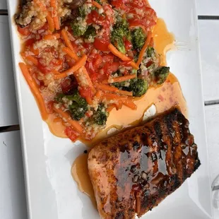 Salmon cauliflower rice .  Veggies