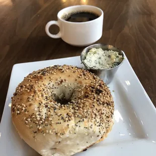 Everything Bagel w/ Boursin Cheese &amp; Coffee