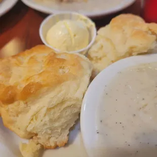 Delicious homemade Biscuits.  The gravy was not as great, too pasty and served warm, not hot.