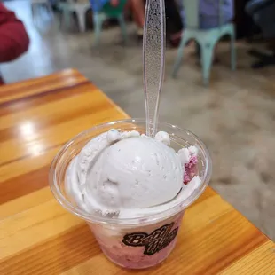 The double dip of lavender honey on top, blackberry crumble on bottom