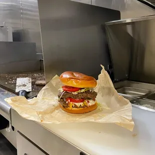 a burger on a counter