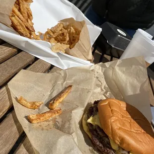 Double-Cheeseburger with the thick-cut fries and onion straws.