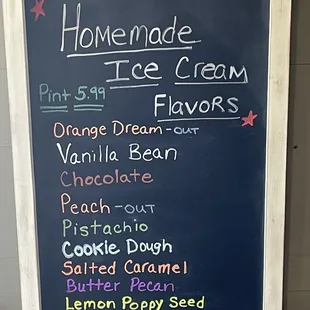 Ice cream menu