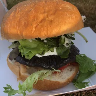 Merlin-vegetarian-portobello mushroom, goat cheese, roasted red pepper, garlic aioli, mixed greens, artichokes-fantastic!
