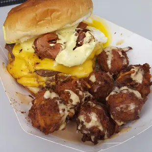 Sterling burger with cheese tots