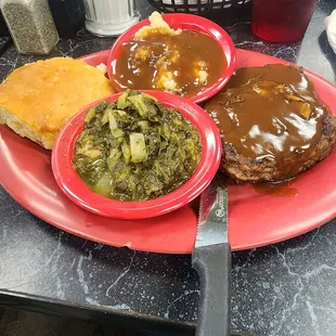 Chopped steak and mashed potatoes both good!