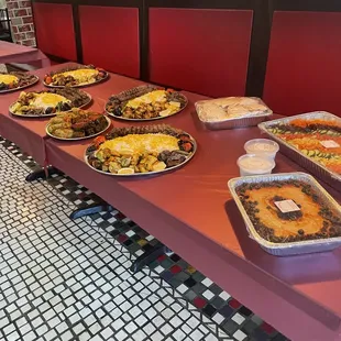 a long table full of food