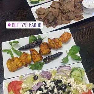 This is the Greek salad, and the chicken skewers