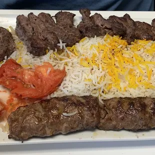 Beef Soltani. Wow! One skewer is flap meat (steak) and one is ground beef. Crazy flavor. Mmm!