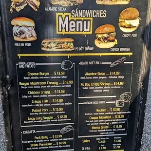 a menu for sandwiches