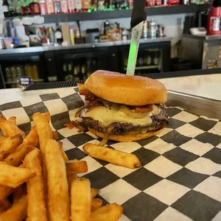 The Ferg Burg $13 w fries upgrade. Good burg A1 garlic bacon Gruyère. Nice place