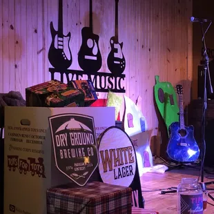 a stage with guitars