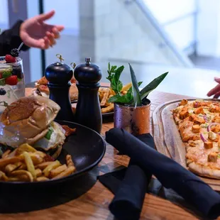 a pizza and french fries