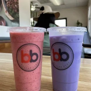 Strawberry slush/smoothie and taro milk tea