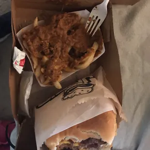 Chilli fries and burger