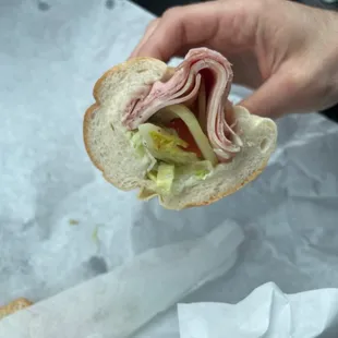 a person holding a sandwich