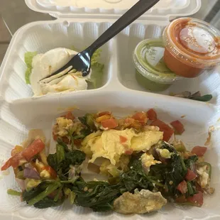 Breakfast Burrito Bowl (with veggies) to go for $18 not worth it- they left out the potatoes.