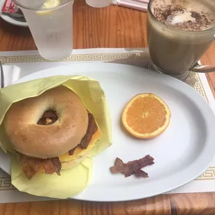 Breakfast bagel sandwich &amp; latte