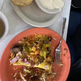Combo Omelet, Hash Browns, Biscuits with Gravy