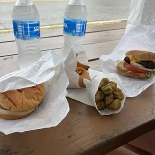 Burgers, onion rings, fried okra