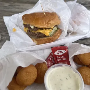Double double, corn nuggets with ranch.