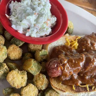 Okra + chili cheese dog