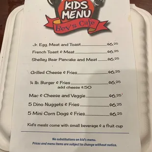 Kids menu