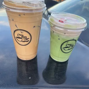 Iced Horchata Latte and Fresas con Matha both with Oat milk.......100% recomment