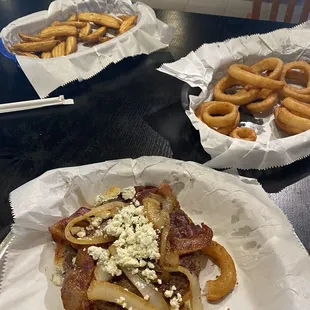 Bleu Cheese Burger, Fries &amp; Onion Rings