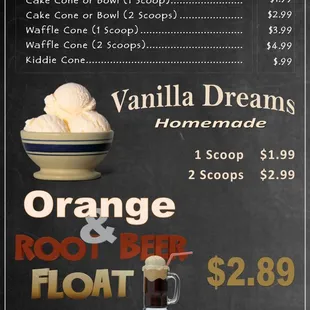 a menu for ice cream