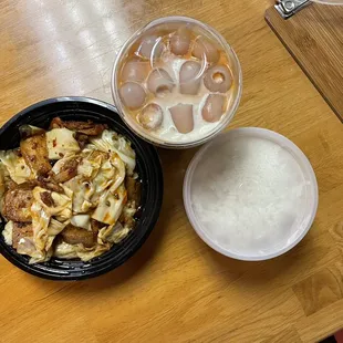 Twice-cooked pork, bubble tea and rice