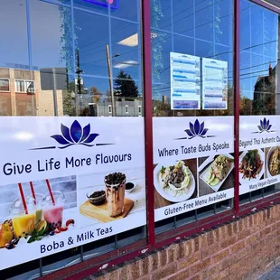 a window display of a variety of food items