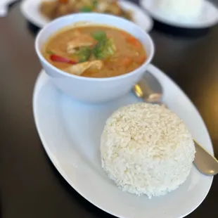 a bowl of rice and a bowl of soup