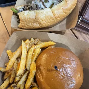 Cheese Steak Sandwich, All American Burger, and fries