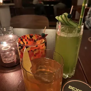 a table with drinks and drinks