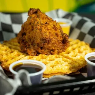 Vegan Chicken &amp; waffle (mushroom &amp; chickpea waffle)
