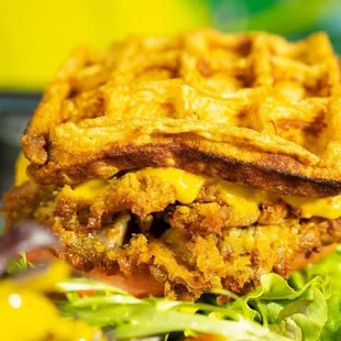 Vegan chicken waffle sandwich (gluten free mushrooms &amp;chickpea waffles)