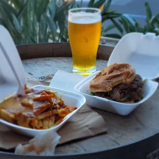 Double hamburger with chili cheese fries. The beer is from somewhere else  Chili Cheese Fries Double Cheeseburger