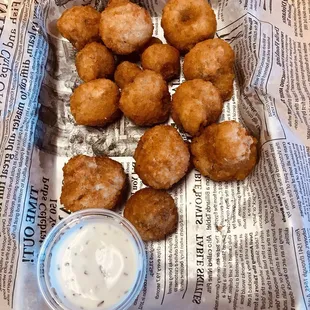 fried doughnuts and dipping sauce