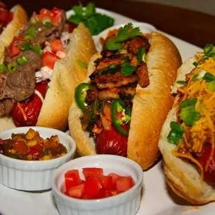 char-grilled kosher hot dogs topped to your liking