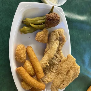 Hush puppies, pickled okra, Catfish