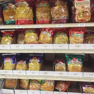 a variety of food items on shelves